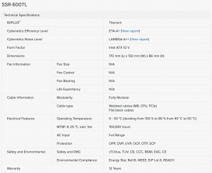 Fanless PSU technical specifications